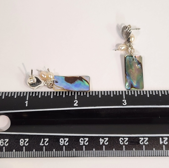 Genuine Sterling Silver Dangle Earrings With Abalone Shells & Freshwater Pearls - Picture 11 of 12